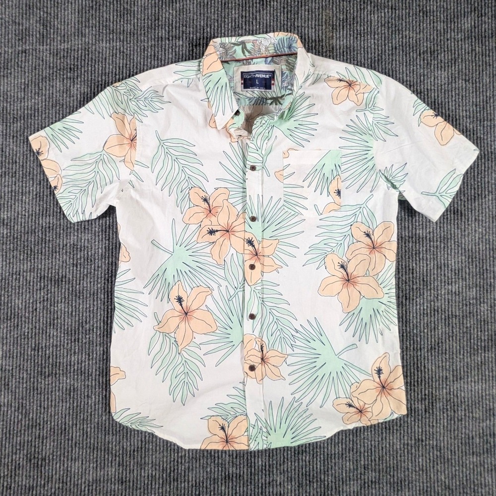 Eighth Avenue Mens Large Tropical Hibiscus Floral Cotton Button Down Shirt White